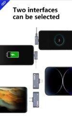 Four smartphones with different charging ports are shown, connected by Caisi Mic One – Lightweight Wireless Microphone for Smartphones. Text above reads, Two interfaces can be selected, showing compatibility with various devices.