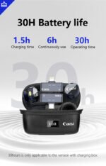 The open black charging case contains the Caisi Mic One – Lightweight Wireless Microphone for Smartphones. Text highlights 30H battery life (with charging case), 1.5h charging time, and 6h continuous use per charge.