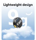 A small, round black Caisi Mic One – Lightweight Wireless Microphone for Smartphones floats above a cloud with a feather, with "Lightweight design" and "9g" in the background to highlight its ultra-light 9g weight.